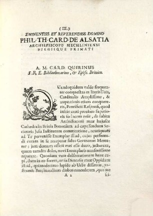 Ad Eminentiss. Et Reverendiss. Dominum Philippum Thomam Cardin. De Alsatia Archiepiscopum Mechliniensem Belgiique Primatem Epistola Altera : [Ex Oppido Clararum in Coenobio S. Bernardini ... an. MDCCXLVIII.]