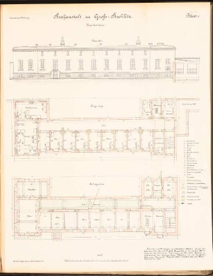 Gefängnis, Groß-Strehlitz: Krankenhaus: Ansicht, Grundrisse KG, EG 1:100