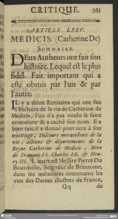 Article LXXV. Medicis. (Catherine De)