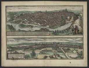 Vogelschauansichten von Toledo und Valladolid, Radierung, 1572 : Toletvm : praecipva in Hispania civitas ; Cum Privilegio | Vallisoletvm / [Stecher: Franz Hogenberg. Hrsg.: Georg Braun]. - [Coloniae Agrippiae] : [Auctores] , [1572]. - 2 Vogelschauansichten auf 1 Bl. : Radierung ; Blattgr. 48 x 34 cm +++ Auch ersch. in: Beschreibung und Contrafactur der vornembster Stät der Welt, T. III. - Mit Erl. in deutscher Spracheauf der Rückseite