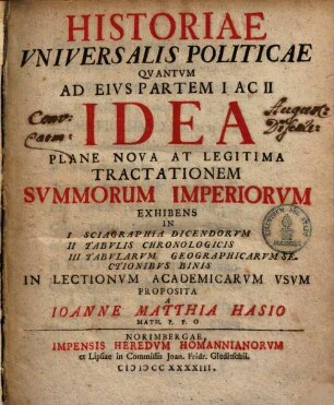 Historiae universalis politicae : quantum ad eius partem I ac II idea plane nova at legitima tractationem summorum imperiorum exhibens ...