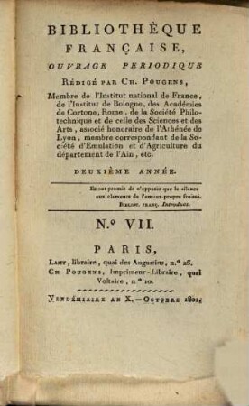 Bibliothèque française : ouvrage périodique. 2. 1801, 7 = Okt.