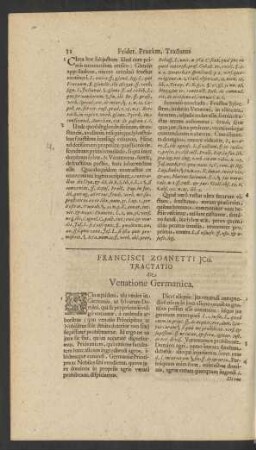 Francisci Zoanetti ICti. Tractatio De Venatione Germanica.