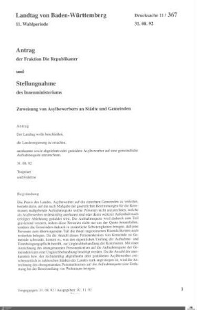 Antrag der Republikaner: Zuweisung von Asylbewerbern an Städte und Gemeinden