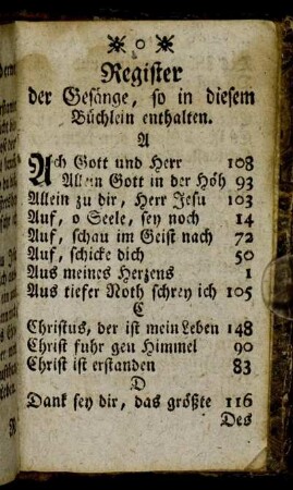 Register der Gesänge, so in diesem Büchlein enthalten.