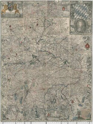 S. Rom. Imperii Circuli Et Electoratus Bavariae Tabula Chorographica : In Qua Fortissimorum Virorum, Caesarum, Regum, Principum, Patriam, Pacis, Bellig. Studiis Celeberrimam, Avitae Religionis, Germani Candoris, Artium Omnium Ac Scientiarum Domicilium Et Sedem, Maiorum Prudentia Ac Fortitudine XII. Et Amplius Seculis Gloriosissime Gubernatam, Auctam, Conservatam, A Serenissima Posteritate Plurib. Posthac Augend. Regendam ... ; [gewidmet] Maximiliano Emmanueli