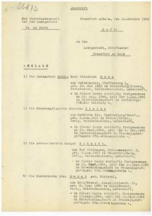 Prozess vor dem Landesgericht (Oberstaatsanwaltschaft) Frankfurt gegen Erich Moos, Christel Zielke, Margot Schmidt, Lina Gerst (Oktober 1946) wegen Euthanasie in Hadamar - Bd. 72, Blatt 1-16