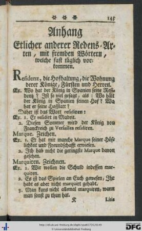 Anhang etlicher anderer Redens-Arten, mit fremden Wörtern, welche fast täglich vorkommen.