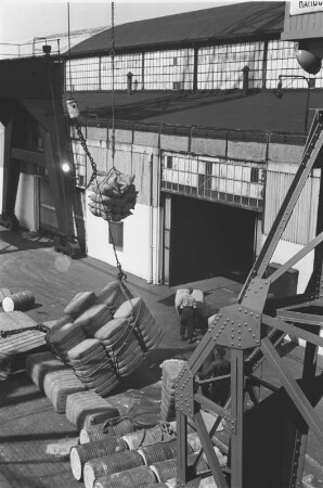 Entladen am Hafen : Hafenarbeiter mit Kran beim Entladen von Gütern
