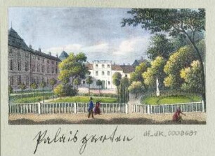 Ansicht des Japanischen Palais in Dresden-Neustadt, Lithografie, um 1840 : Palaisgarten. [S.l.], [um 1840]. - 1 Kunstbl. : Lithogr. ; 7,5 x 4,5 cm.