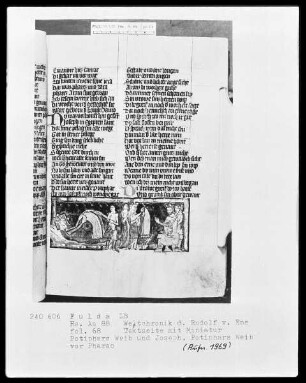 Rudolf von Ems, Weltchronik — Potiphars Weib nimmt Jakob den Mantel und Potiphars Weib vor ihrem Gemahl, Folio 68recto