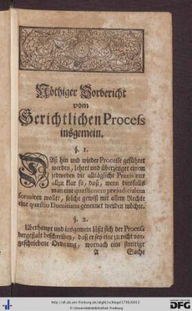 Nöthiger Vorbericht vom Gerichtlichen Process insgemein.