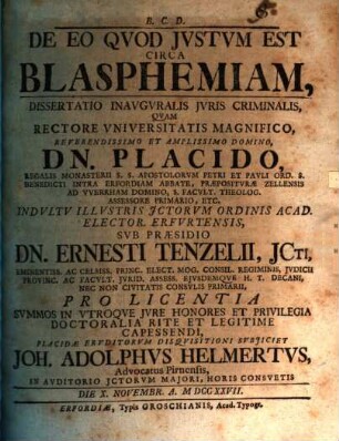 De Eo Qvod Jvstvm Est Circa Blasphemiam : Dissertatio Inavgvralis Jvris Criminalis