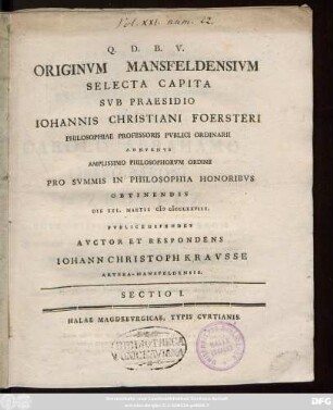Originvm Mansfeldensivm Selecta Capita : Sectio I.
