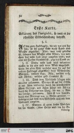 Erste Karte: Erklaerung des Planiglobii, so weit es die physische Erdbeschreibung betrifft