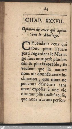 Chap. XXXVII. Opinion de ceux qui aprouvent le Mariage