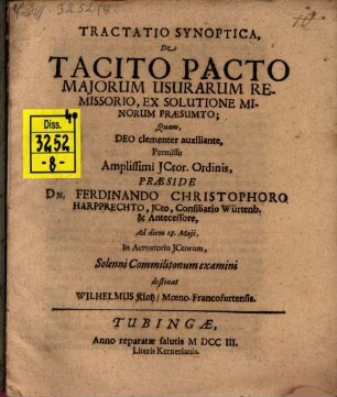 Tractatio synopt. de tacito pacto maiorum usurarum remissorio, ex solutione minorum praesumto