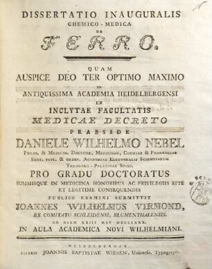 Dissertatio Inauguralis Chemico-Medica De Ferro