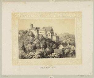 Die Burg Gnandstein über der Wyhra südlich von Frohburg von Norden, im Vordergrund das Dorf Gnandstein (Kohren-Sahlis-Gnandstein), aus dem Album der Rittergüter und Schlösser im Königreiche Sachsen
