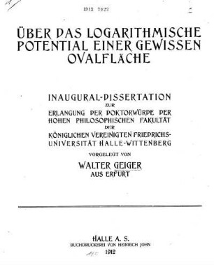 Über das logarithmische Potential einer gewissen Ovalfläche
