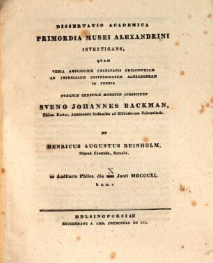Diss. acad. primordia Musei Alexandrini investigans