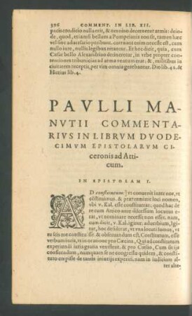 Paulli Manutii Commentarius In Librum Duodecimum Epistolarum Ciceronis ad Atticum.