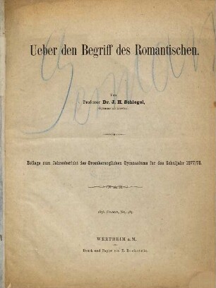 Ueber den Begriff des Romantischen
