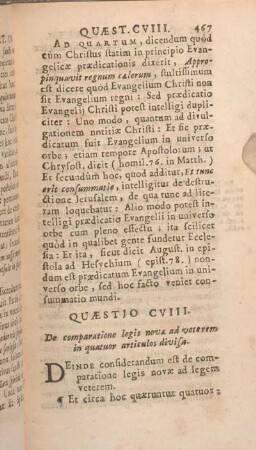 Quaestio CVIII. [i.e. Quaestio CVII.] De comparatione legis nova ad veterum in quatuor articulos divisa.