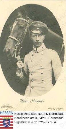 Wilhelm Kronprinz v. Preußen (1882-1951) / Porträt in Medaillon, in Uniform, ein Pferd am Halfter haltend, Halbfigur