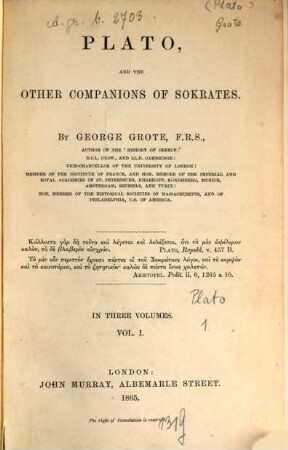 Plato, and the other companions of Sokrates : in three volumes, 1