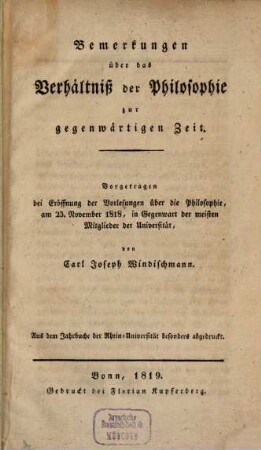 Bemerkungen über das Verhältniß der Philosophie zur gegenwärtigen Zeit