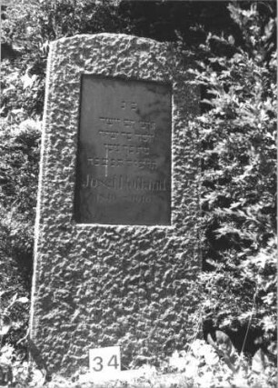 Grabstein 31 (Index: 99805408) Material: Granit, schwarze Marmorplatte Zustand: gut Maße HxBxT: 127x57x24 cm Beschreibung: konische Stele, Segmentbogenabschluß, rechteckige Schriftplatte: Grabstein 31 (Detailaufnahme)