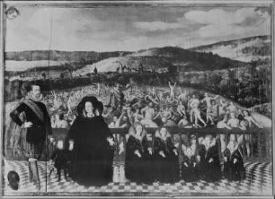Epitaph für Graf Albert Otto I. (1576-1610): Auferstehung mit der gräflichen Familie, im Hintergrund Ansicht von Laubach