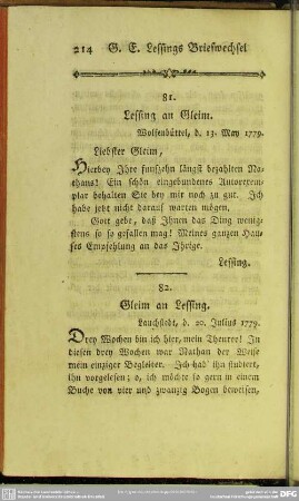 81. Lessing an Gleim. Wolfenbüttel, d. 13. May 1779