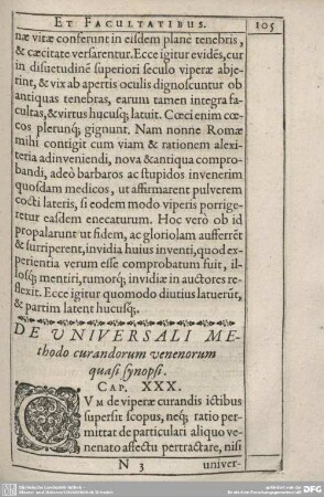 De Universali Methodo curandorum venenorum quasi synopsi. Cap. XXX.