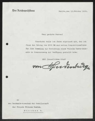 Brief von Paul von Hindenburg an Gerhart Hauptmann und Theodor Abitz-Schultze an Gesellschaft der Freunde Wilhelm Raabes 