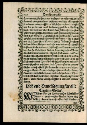 Lob und Dancksagung für alle Creaturn Gottes.