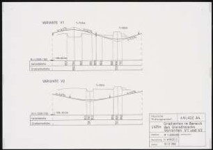 Osttangente Braunschweig Schinkelwettbewerb 1988: Schnitt: Gradienten im Bereich des Gleisdreiecks Varianten V1 und V2 1:2500, 1:250