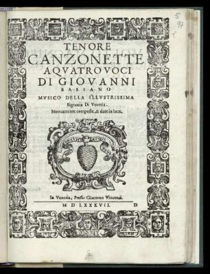 Giovanni Bassano: Canzonette a quattro voci ... Tenore