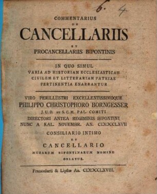 Commentarius de Cancellariis et Procancellariis Bipontinis