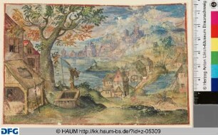 Hof mit Brunnen in einer bergigen Landschaft mit Gewässer, Wassermühle und Stadt im Hintergrund