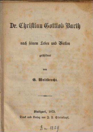 Dr. Christian Gottlob Barth, nach seinem Leben und Wirken geschildert