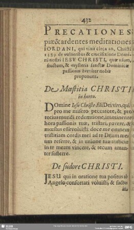 Precationes piae & ardentes meditationes Jordani, ...