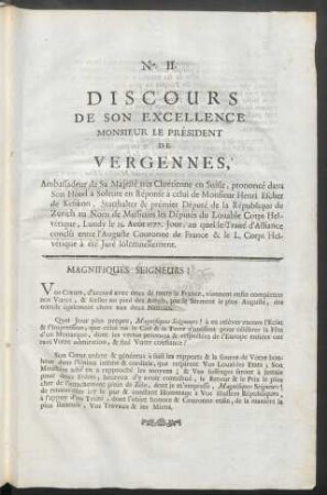 Nr. II. Discours De Son Excellence Monsieur Le Président De Vergennes, ...