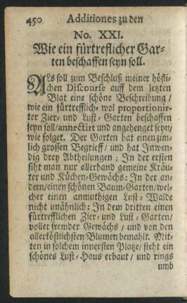 No. XXI. Wie ein fürtreflicher Garten beschaffen seyn soll.