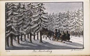 'Bei Nordenburg' Pferdeschlitten im Wald; Aquarell