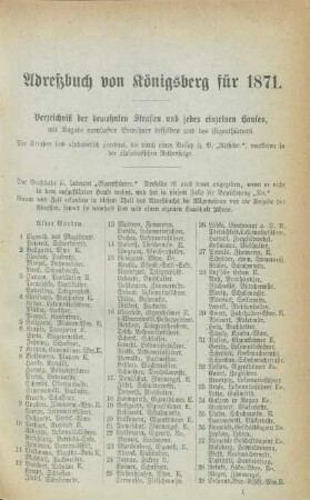 Verzeichniß der bewohnten Straßen und jedes einzelnen Hauses.
