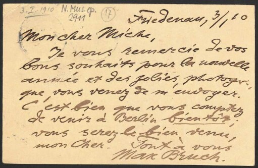 Postkarte an Paul Miche : 03.01.1910