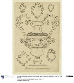 Goldschmiedeentwurf, große Vase, fünf Kartuschen