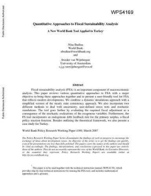 Quantitative approaches to fiscal sustainability analysis : a new World Bank tool applied to Turkey